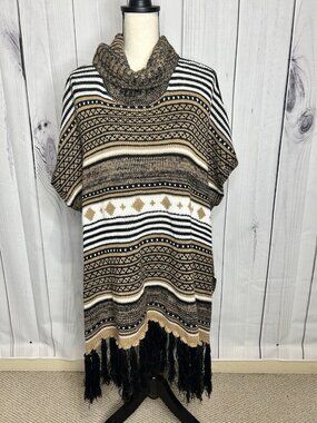 Calstyle Cozy Knit Poncho Sweater with Fringe Southwestern Cowl Neck One-Size
